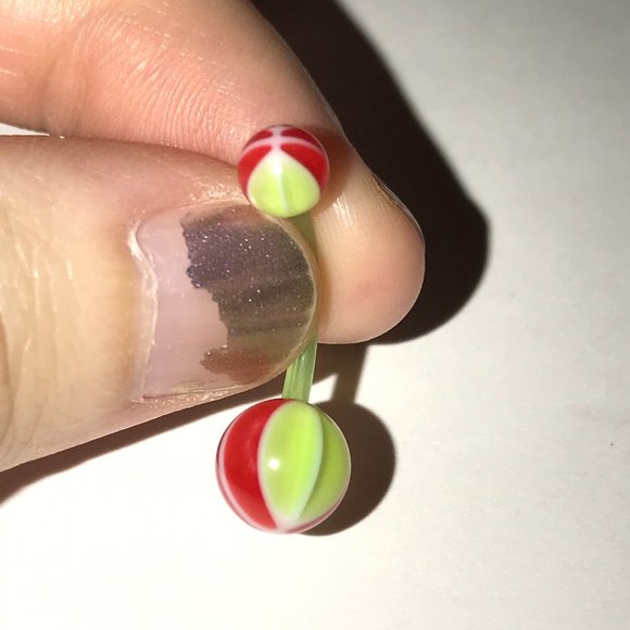 14 Gauge Red and Green UV Acrylic Basketball Design Belly Ring - Picture 2 of 4
